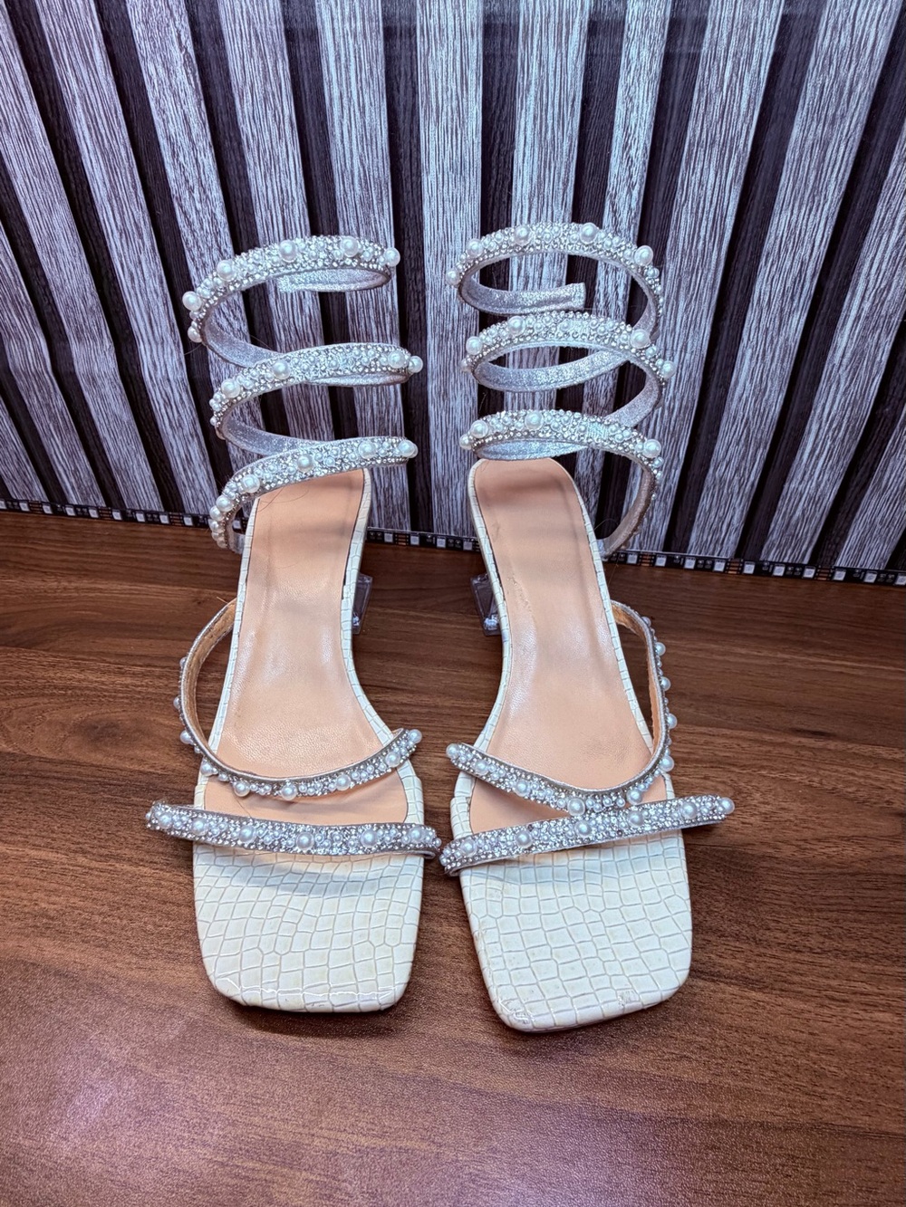 Pearl & Crystal Embellished Cream Spiral-Strap Heels